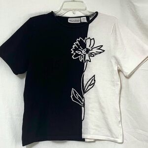 Vintage TanJay Knit Black & White embroidered Floral Tee